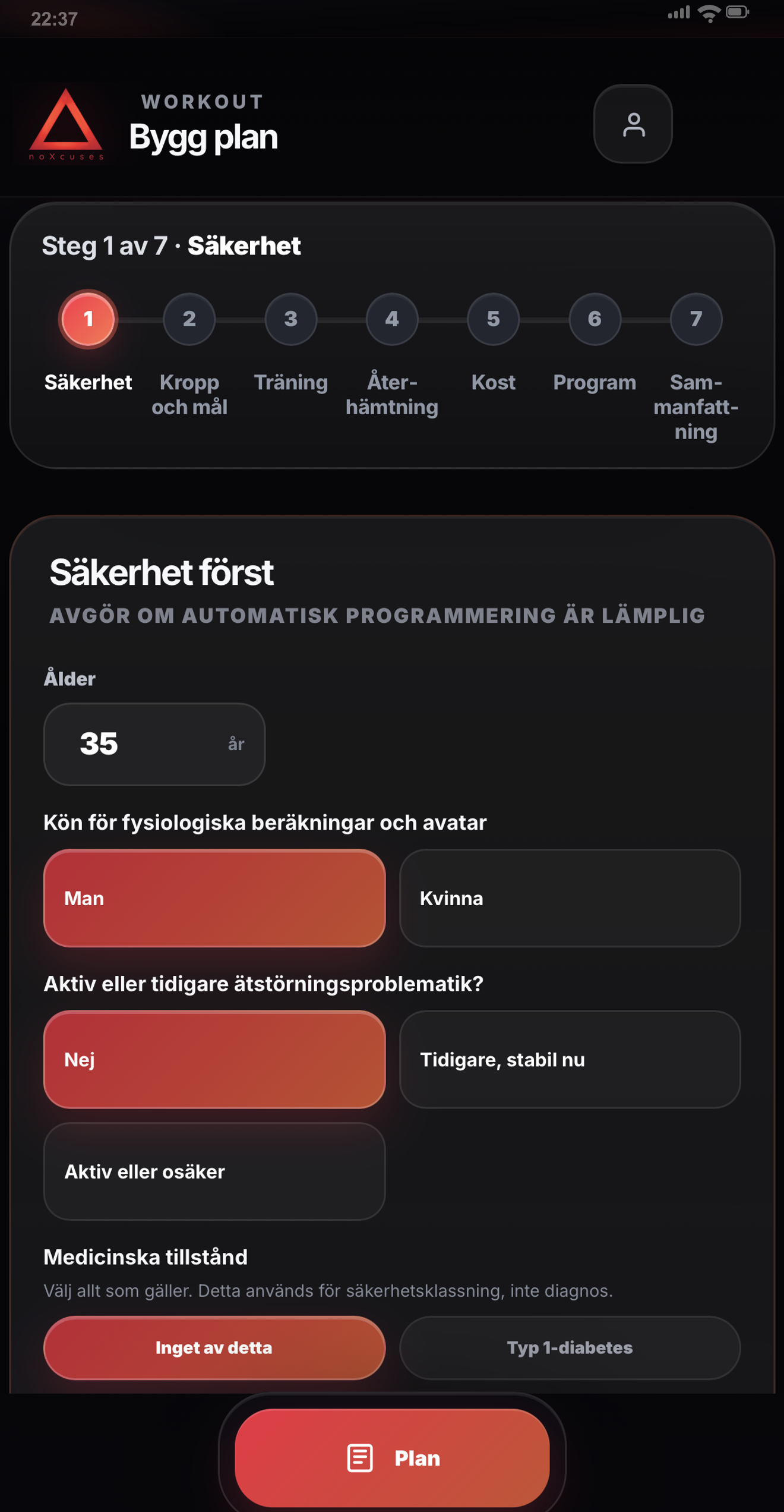 Hela profilbyggarvyn i noXcuses workout